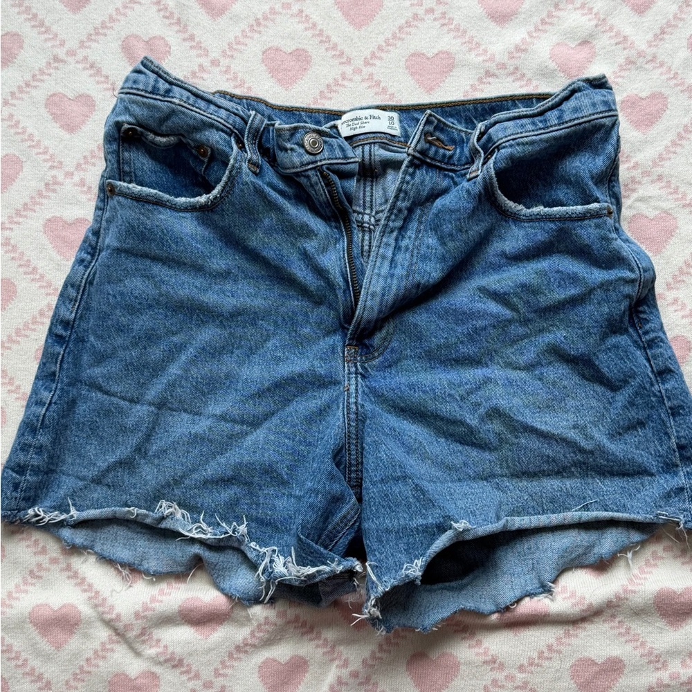 Abercrombie & Fitch Distressed High-Waist Denim Shorts - Blue